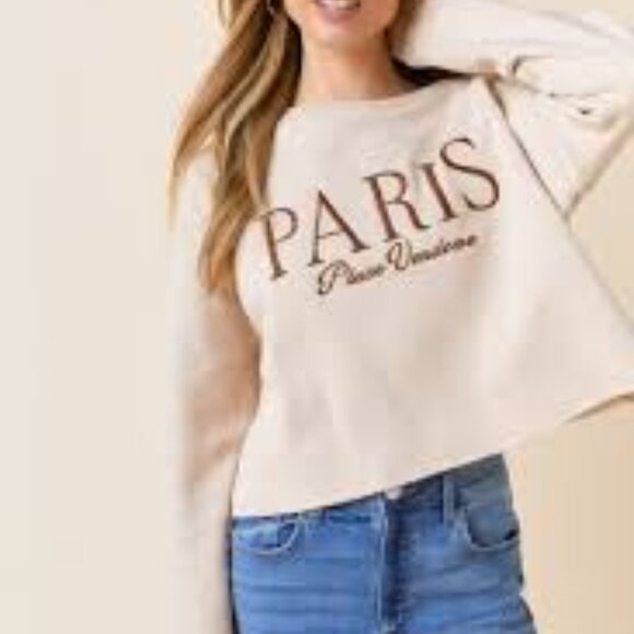Francesca's Paris Embroidered Fray Hem Cropped Taupe Sweatshirt Size Medium - Picture 1 of 11